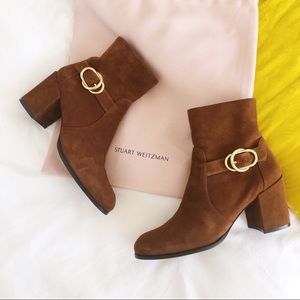 Stuart Weitzman Benedicta Buckled Suede Ankle Boots Brown Size 10 bag included!